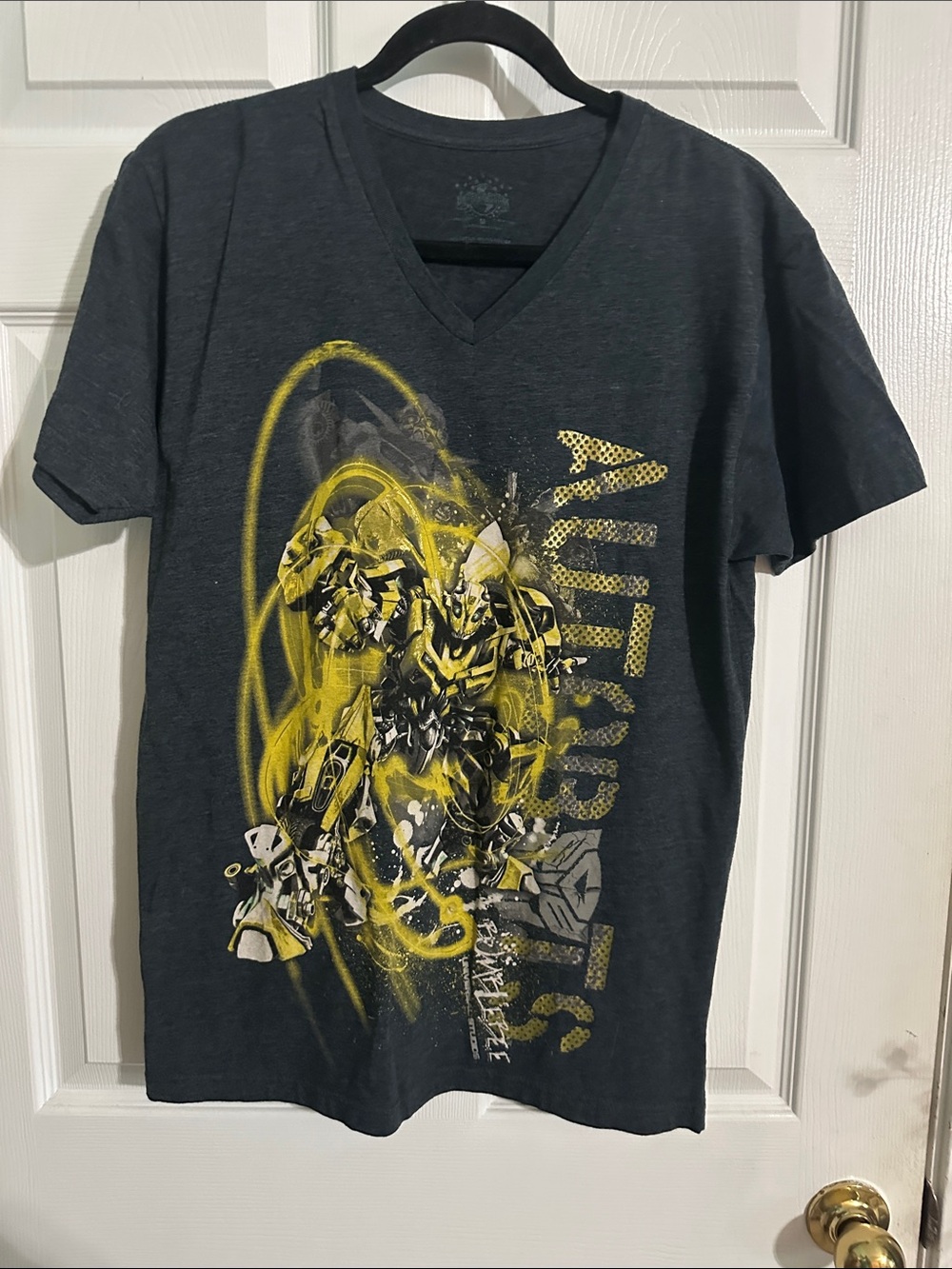 Men's Black V-Neck Graphic Tee with Yellow Robot Design